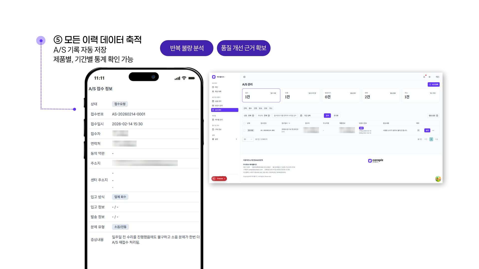 A/S 이력 데이터와 대시보드 화면